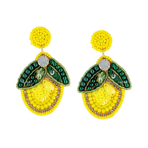 Beaded Lemon Earring, Seed Bead Fruit Earring, Lemon, Lily Posh - Picture 2 of 6